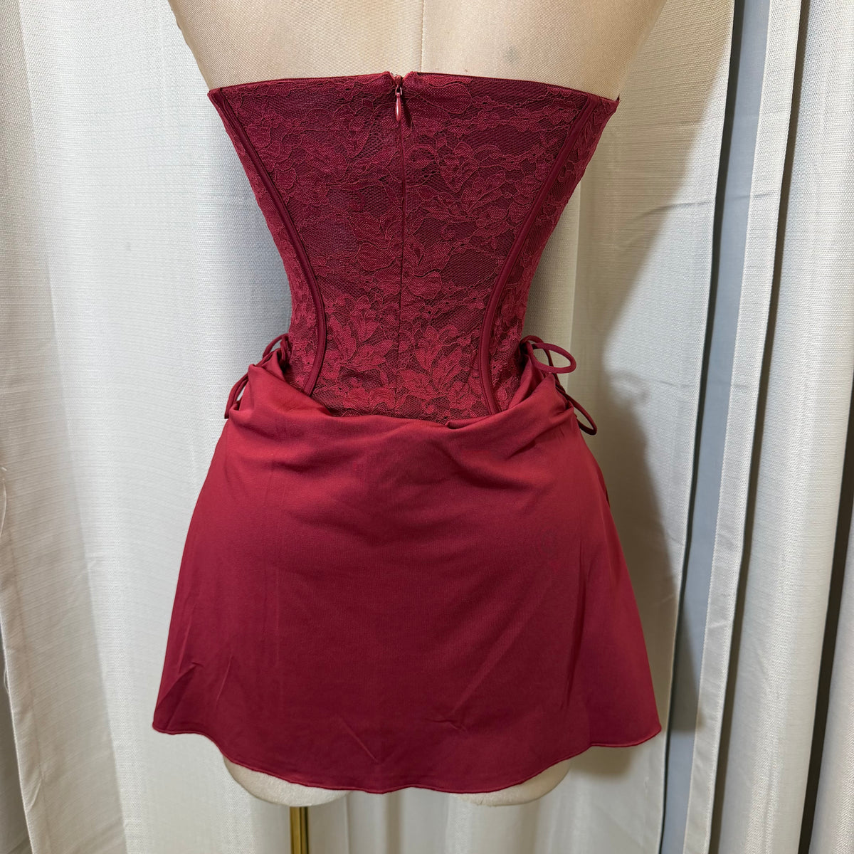 Strapless Lace Corset Cowl Front Mini Dress-Burgundy