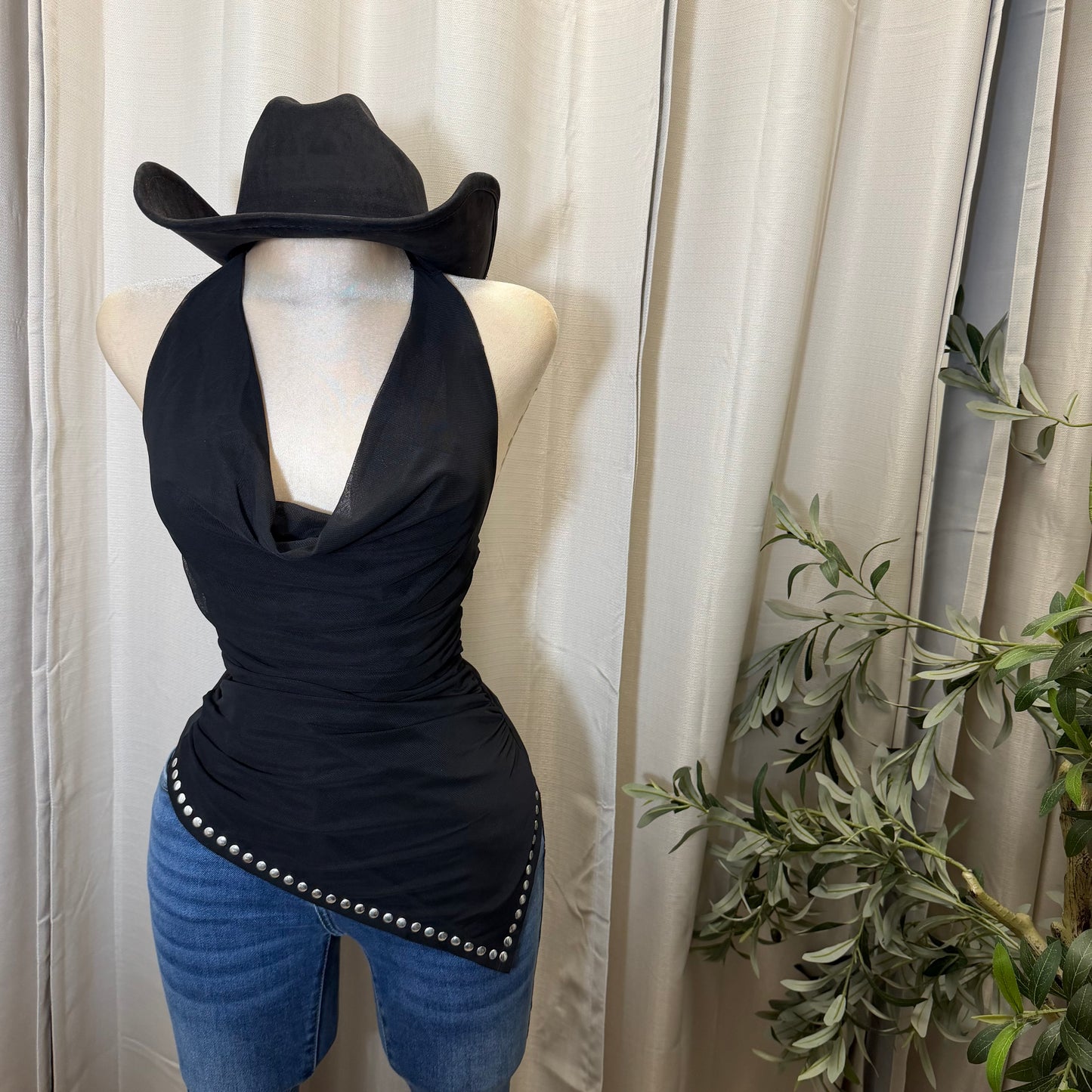 Cowl Neck Halter Ruched Top-Black