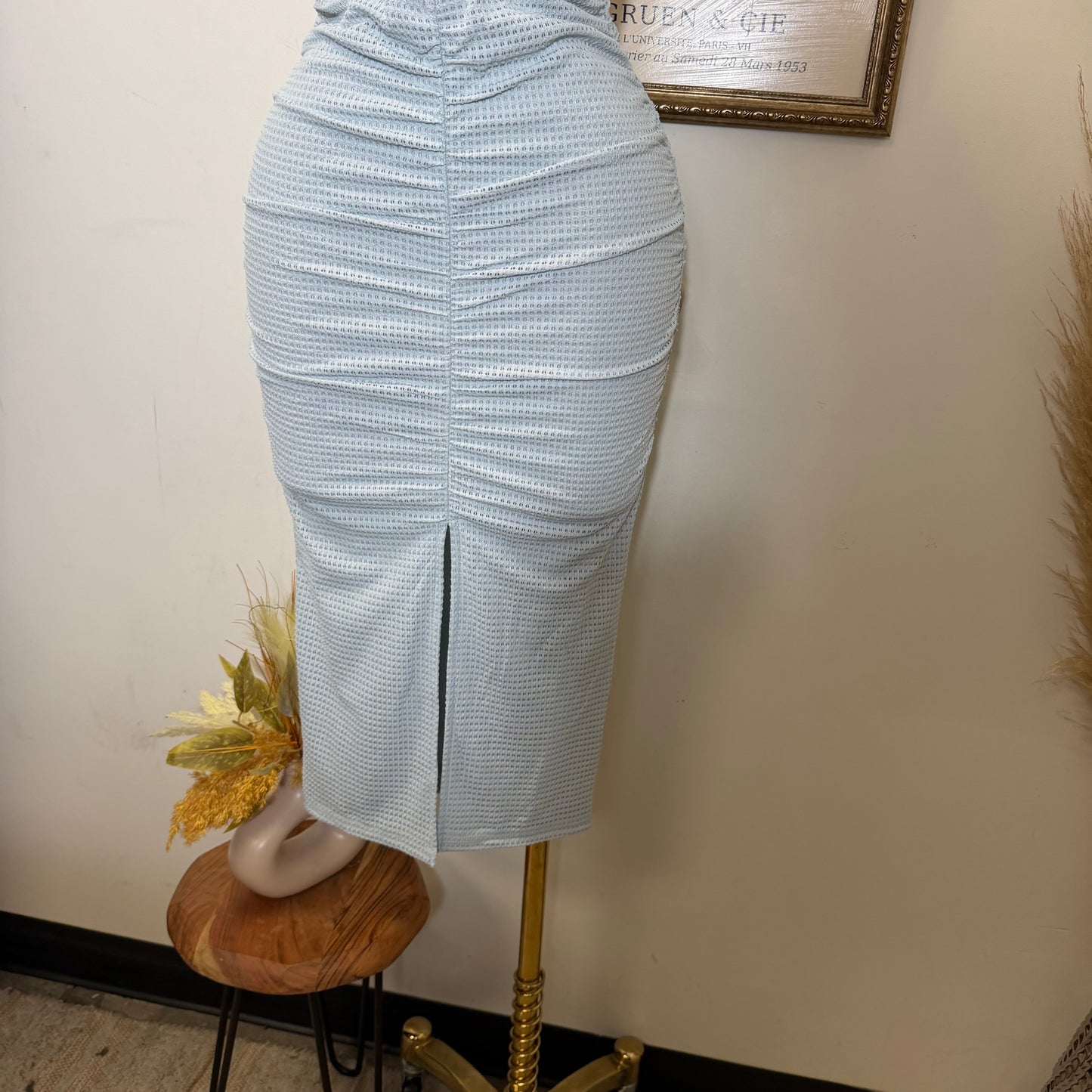 Front metal Trim Shirring with slit Midi Dress-Blue
