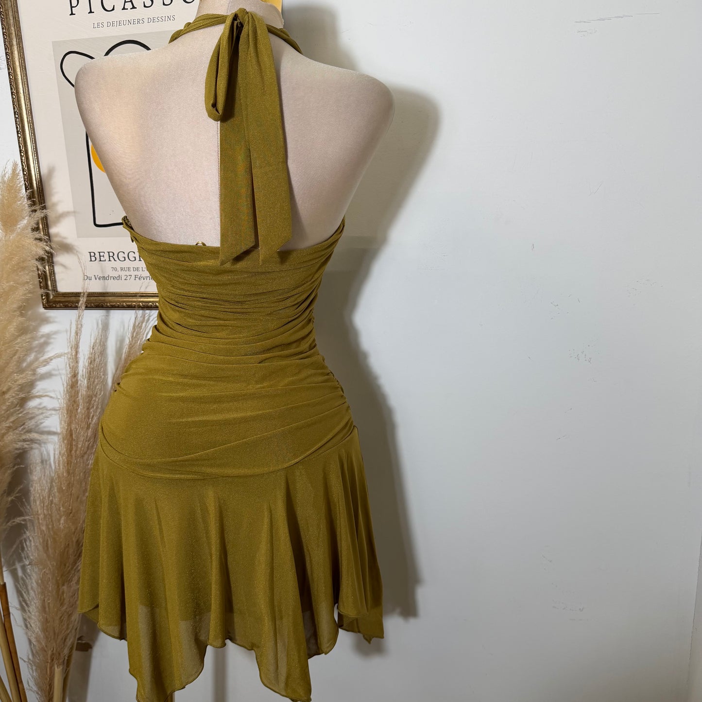 Halter Neck Ruched Waist Asymmetrical Hem Mini Dress-Marigold