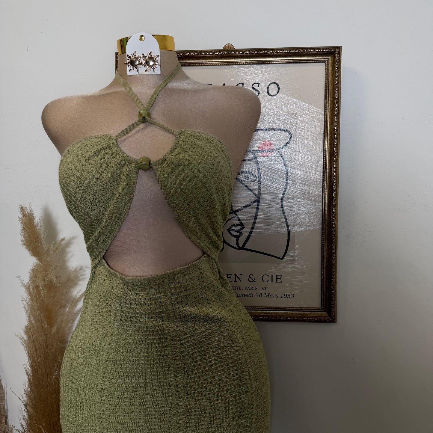 Textured Fabric Stone Trim Halter Midi Dress-Sage