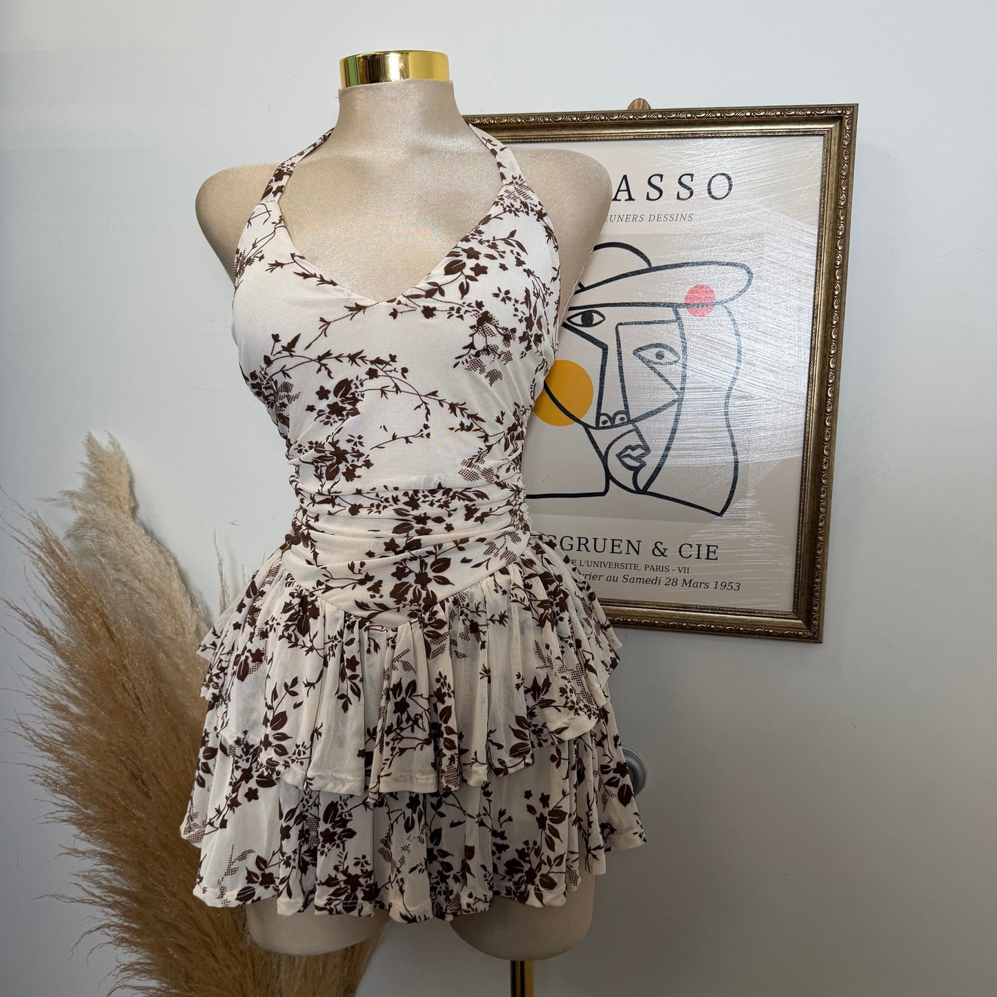 Floral Halter Double Layer Ruffle Mini Dress-Cream