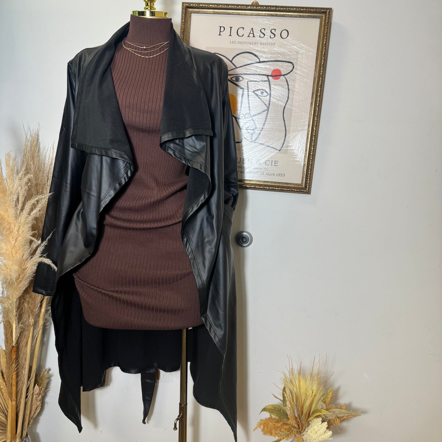 Faux Leather Long Coat with Belt -Black