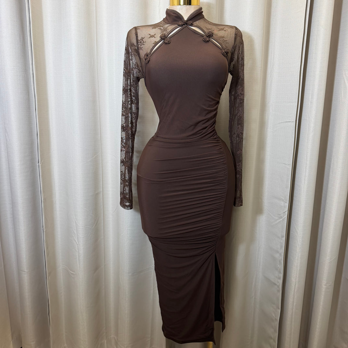 Korean Lace Long Sleeve Midi Dress-Chocolate