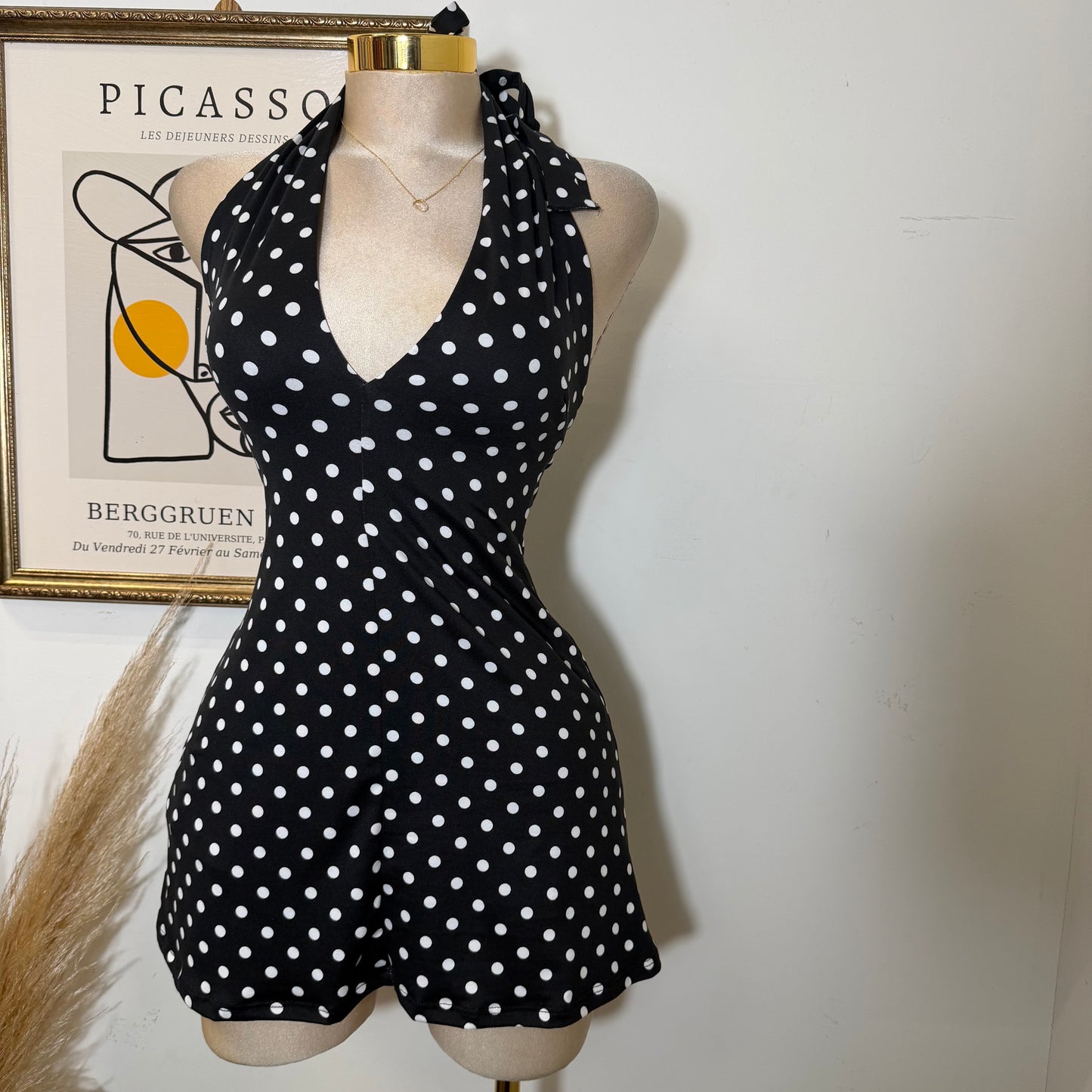 Halter Plunge V-Neck Mini Dress -Polka Dots