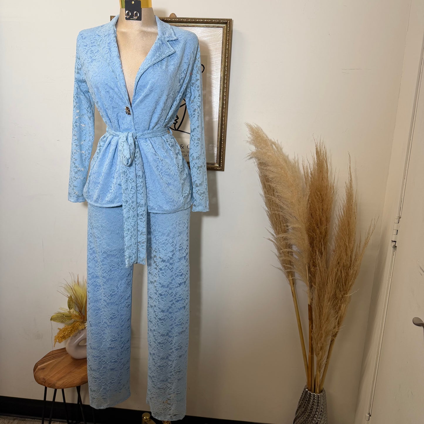 Lace blazer Pant Set -Baby Blue