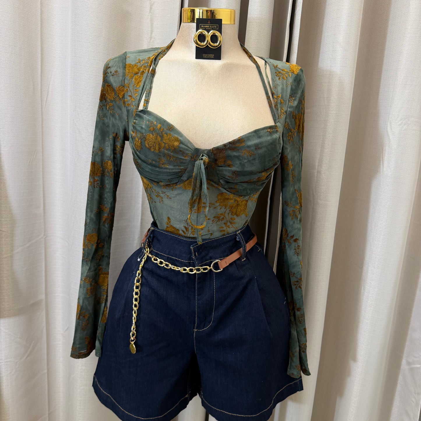 Floral pattern Long sleeve Mesh Top-Sage green