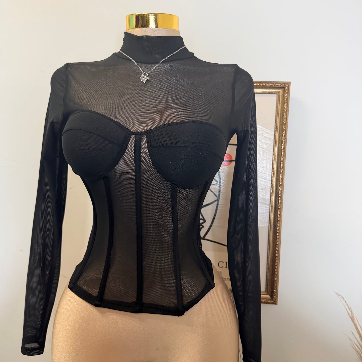 Long Sleeve Mesh Top with bra cups-Black