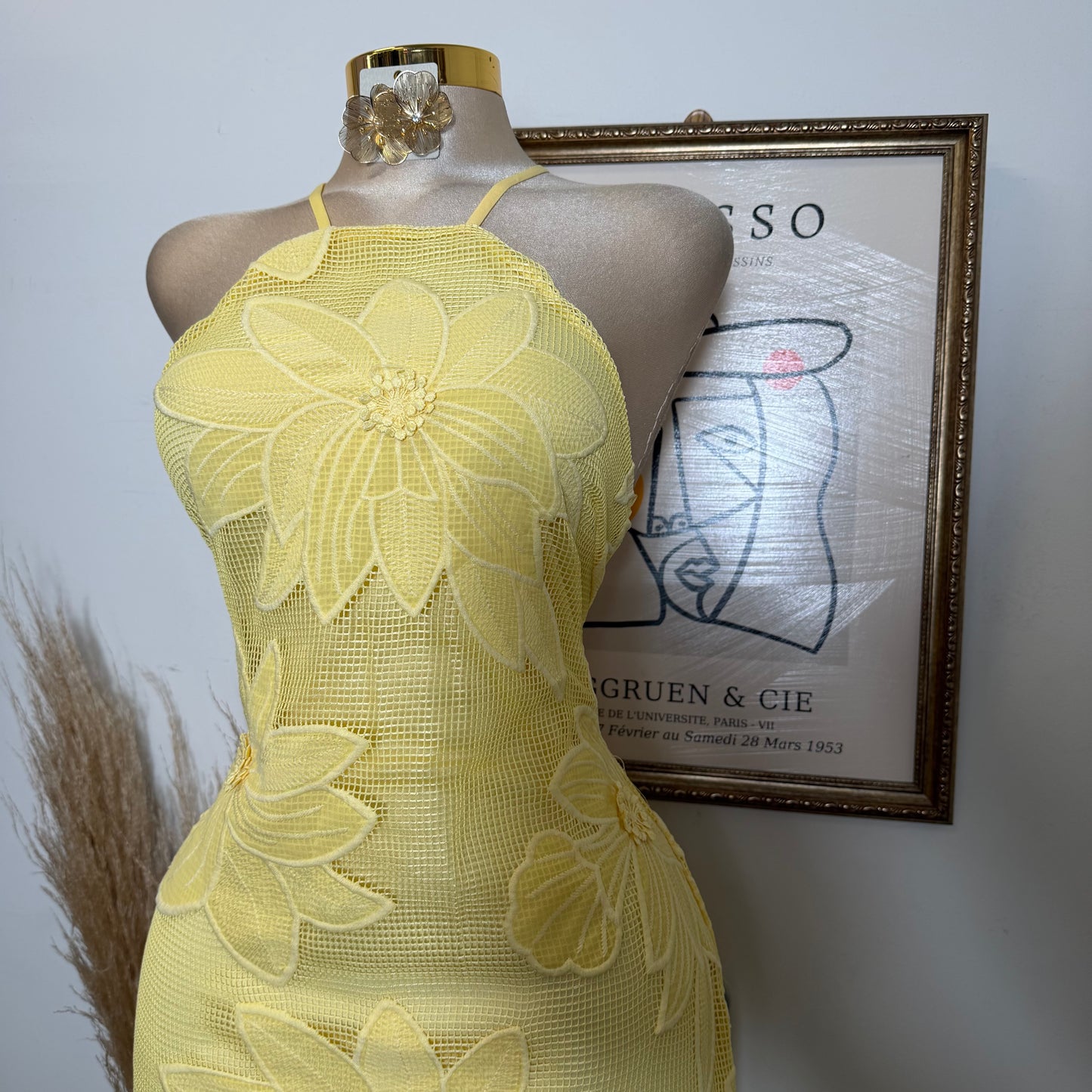 Halter Neck with Lace up back Midi Dress- Yellow