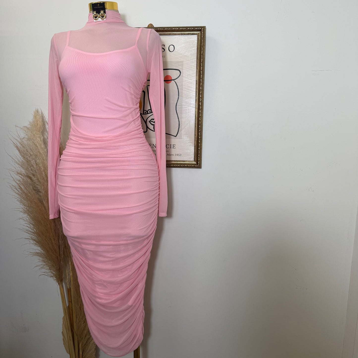 Solid Mesh Mock Neck Midi Long Sleeve Dress-Baby Pink