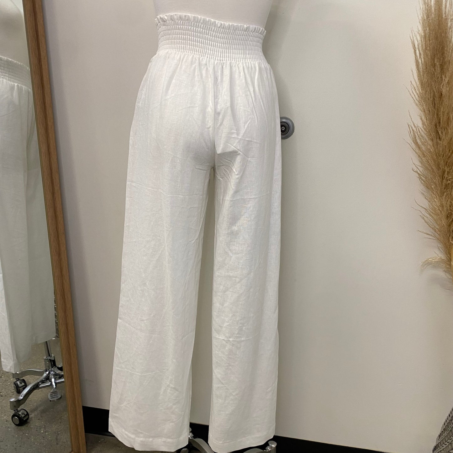 Linen Pants with Smoked Waist -White