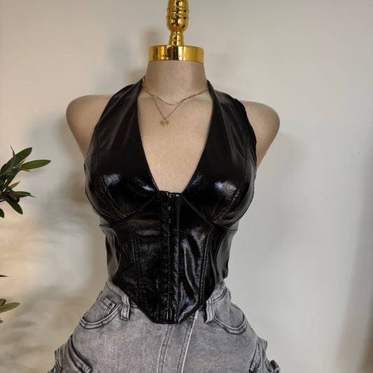 Shiny Stretch Pleather Halter Top-Black