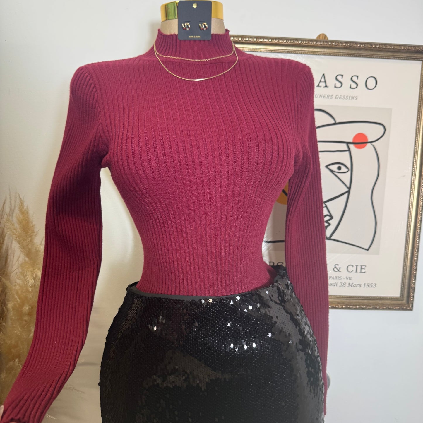 Ribbed Mock Neck Long sleeve-Burgundy