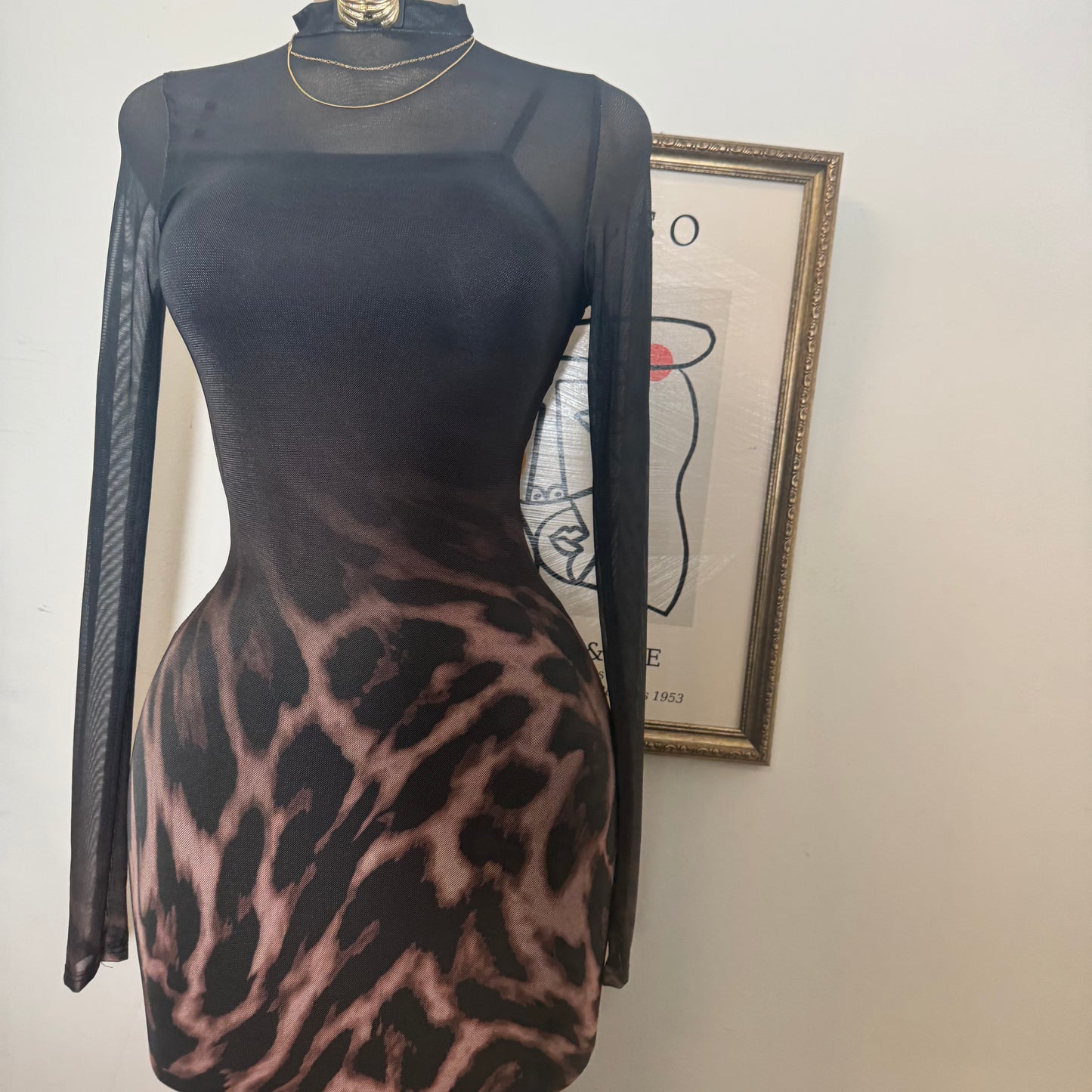 Animal Ombré Midi Mesh Dress-Black/Brown