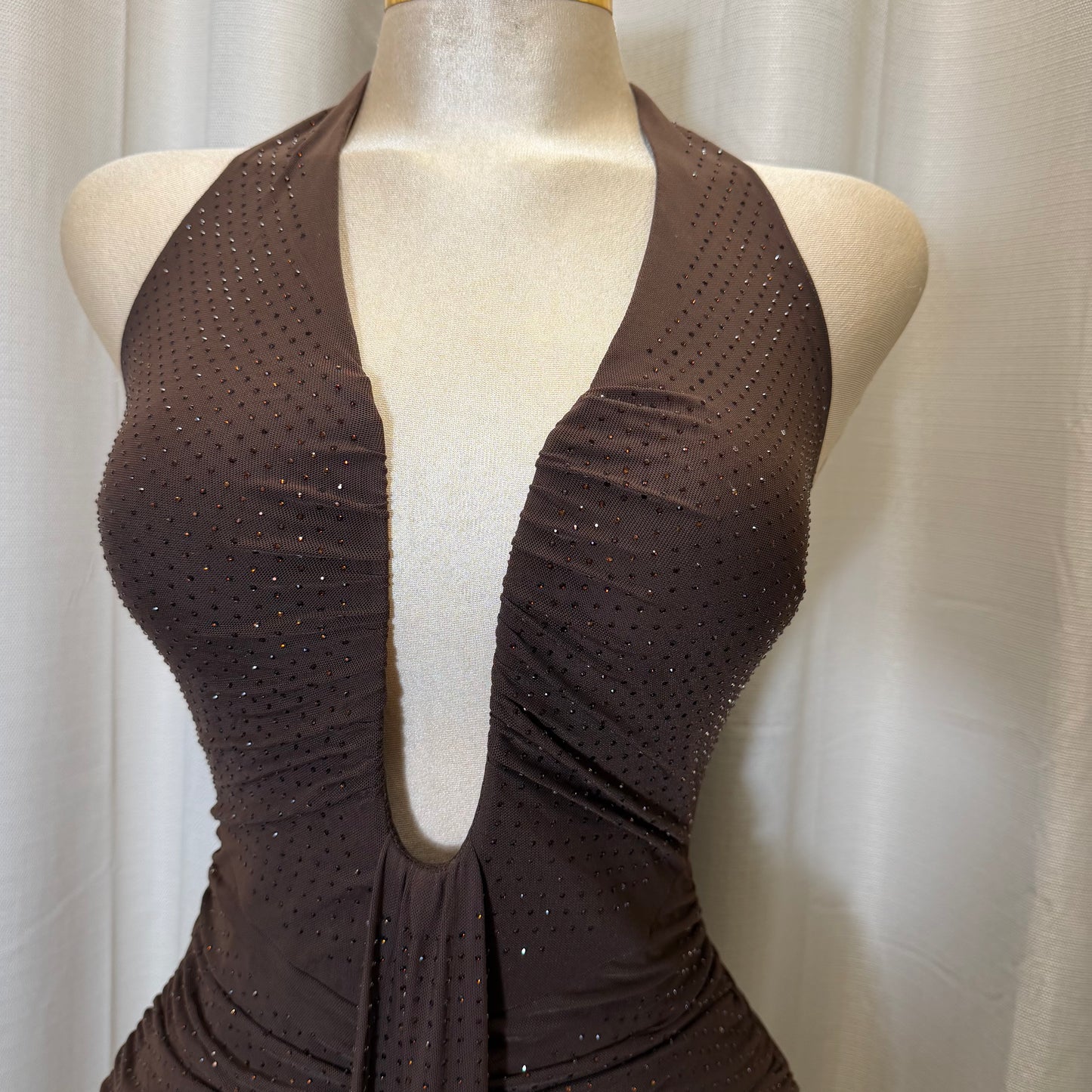 EMBELLISHED MESH COWL NECK MINI DRESS-Brown