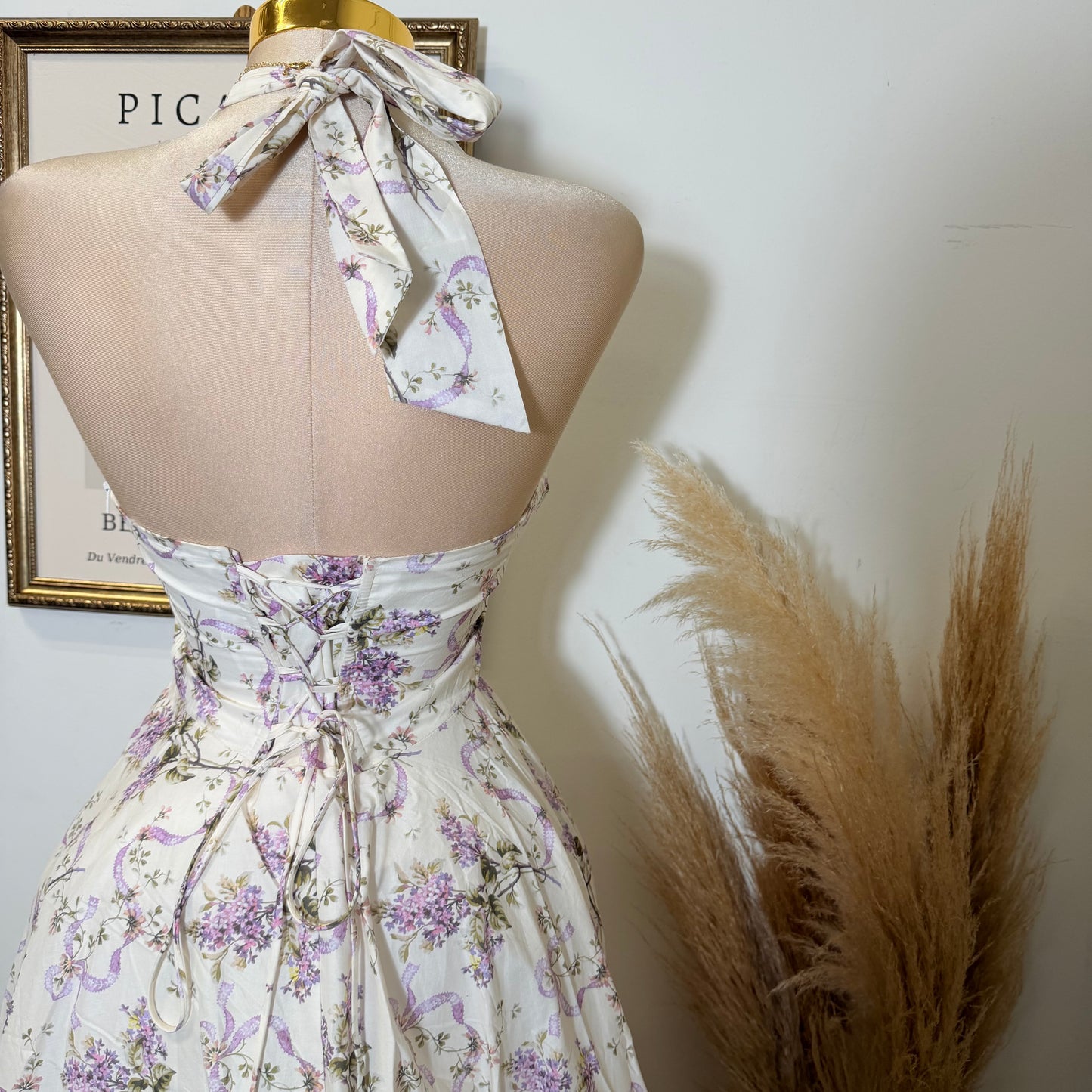 Ribbon Print Fabric Halter Corset Midi Dress-Lavender