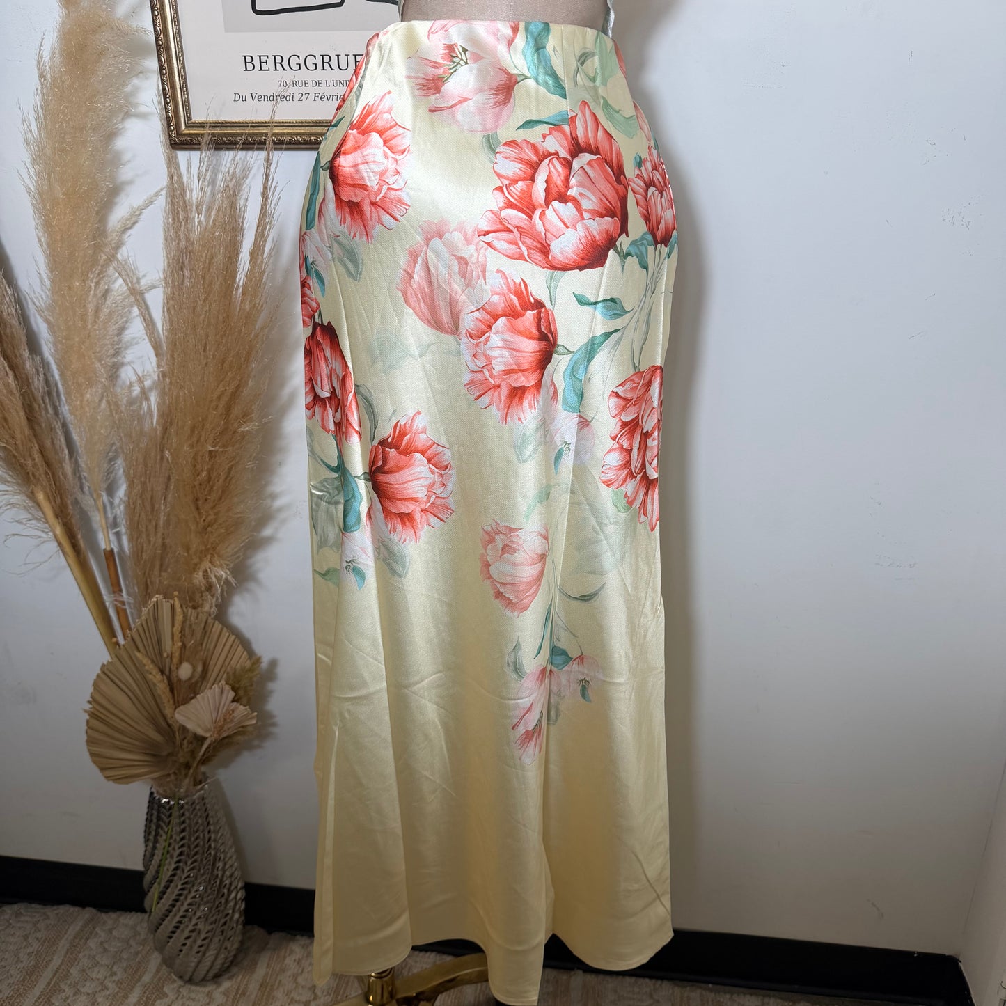 Floral strapless Satin Top and Maxi skirt set-Butter yellow