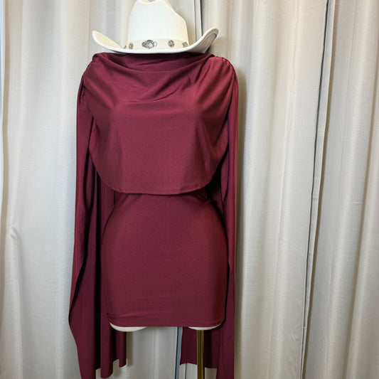 Long sleeve Dress with Drape in the front-Burgundy