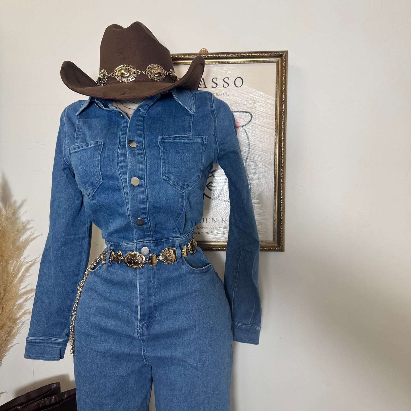 Denim Button Long Sleeve Jumpsuit -Medium Wash