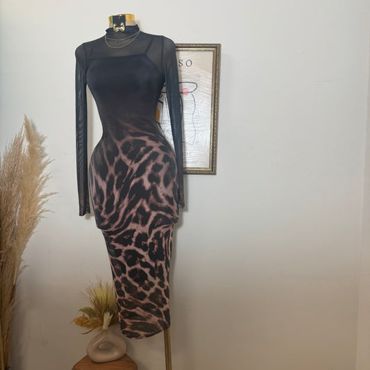 Animal Ombré Midi Mesh Dress-Black/Brown