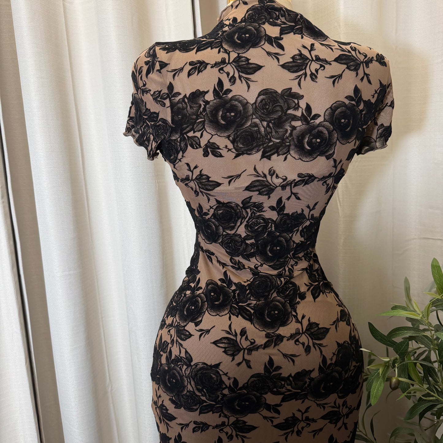 Luxi Mesh Flower Print Dress-Brown