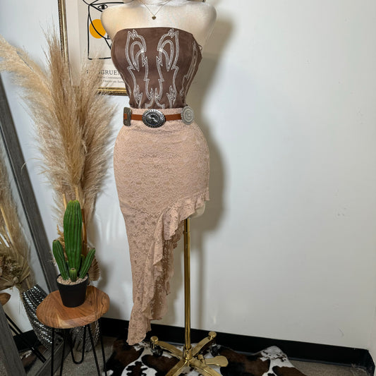 Asymmetrical Lace Maxi Skirt-Brown