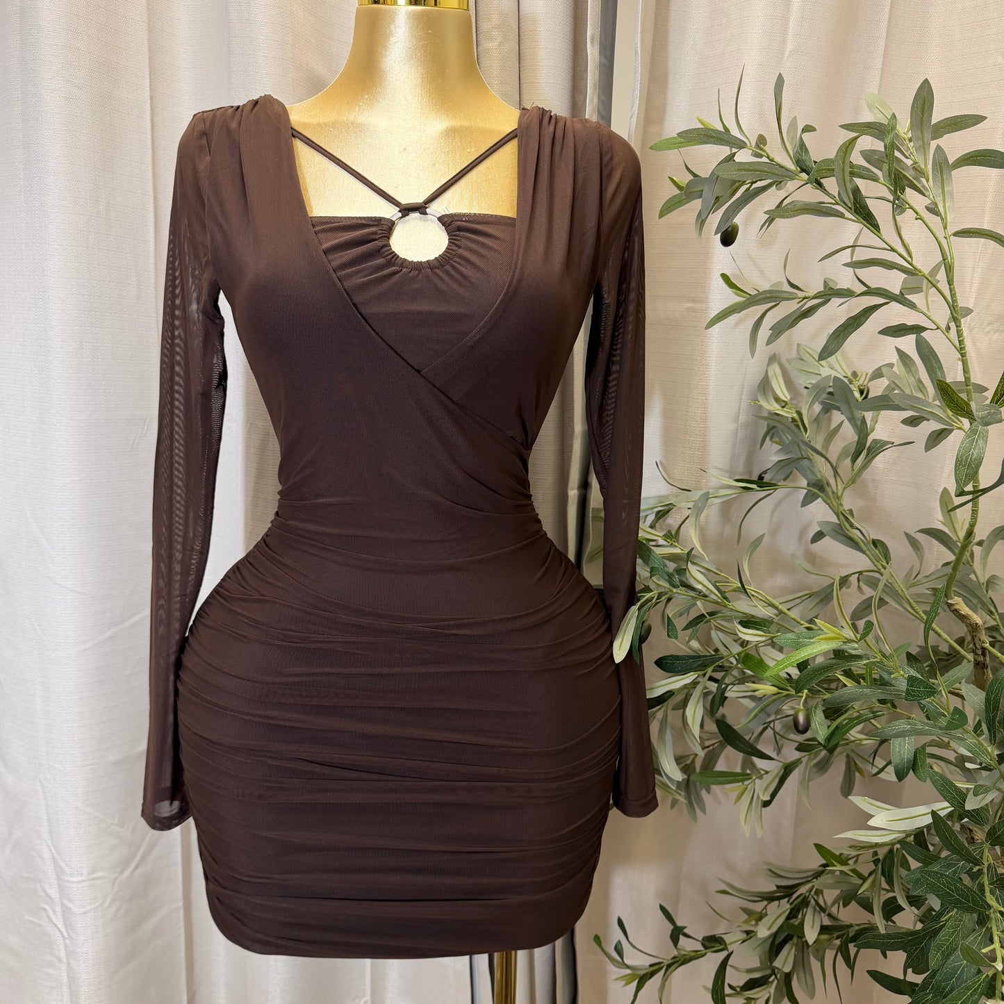 Ruched Mini Long Dress-Coffee Bean /Brown