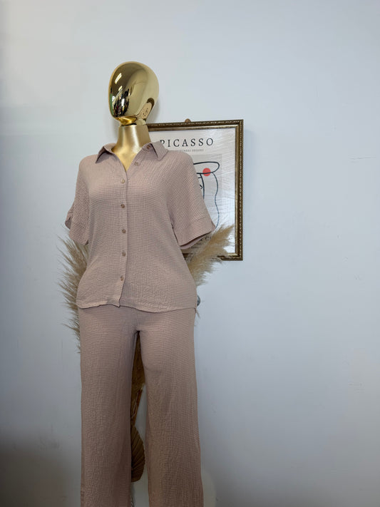 Texture front Button Down Top and pant Pant -Beige