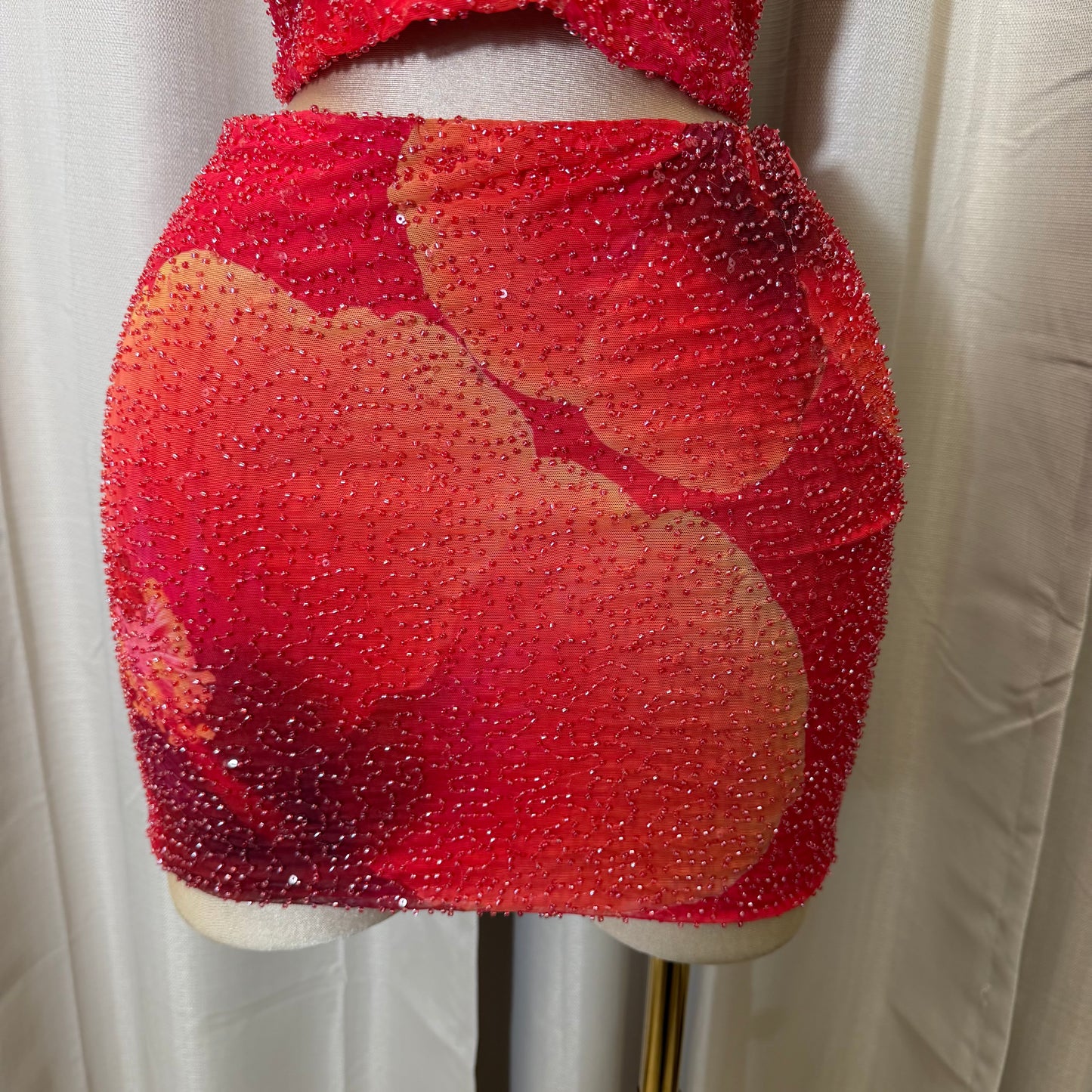 Mesh Two Piece V-neck Halter top Skirt Set-Pink/Orange