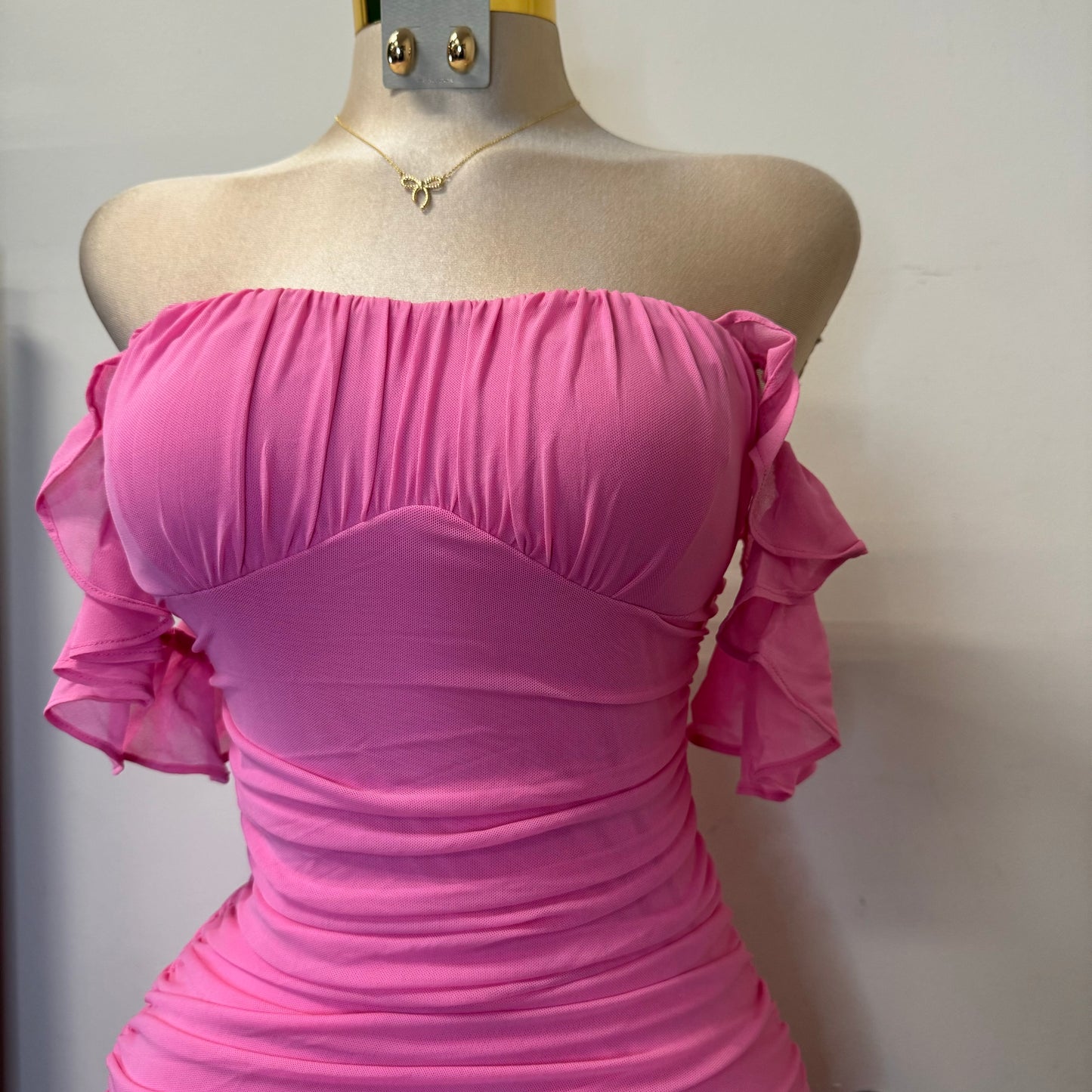 Annalise  Off Shoulder Mesh Asymmetrical Ruffle Hem Dress-Pink