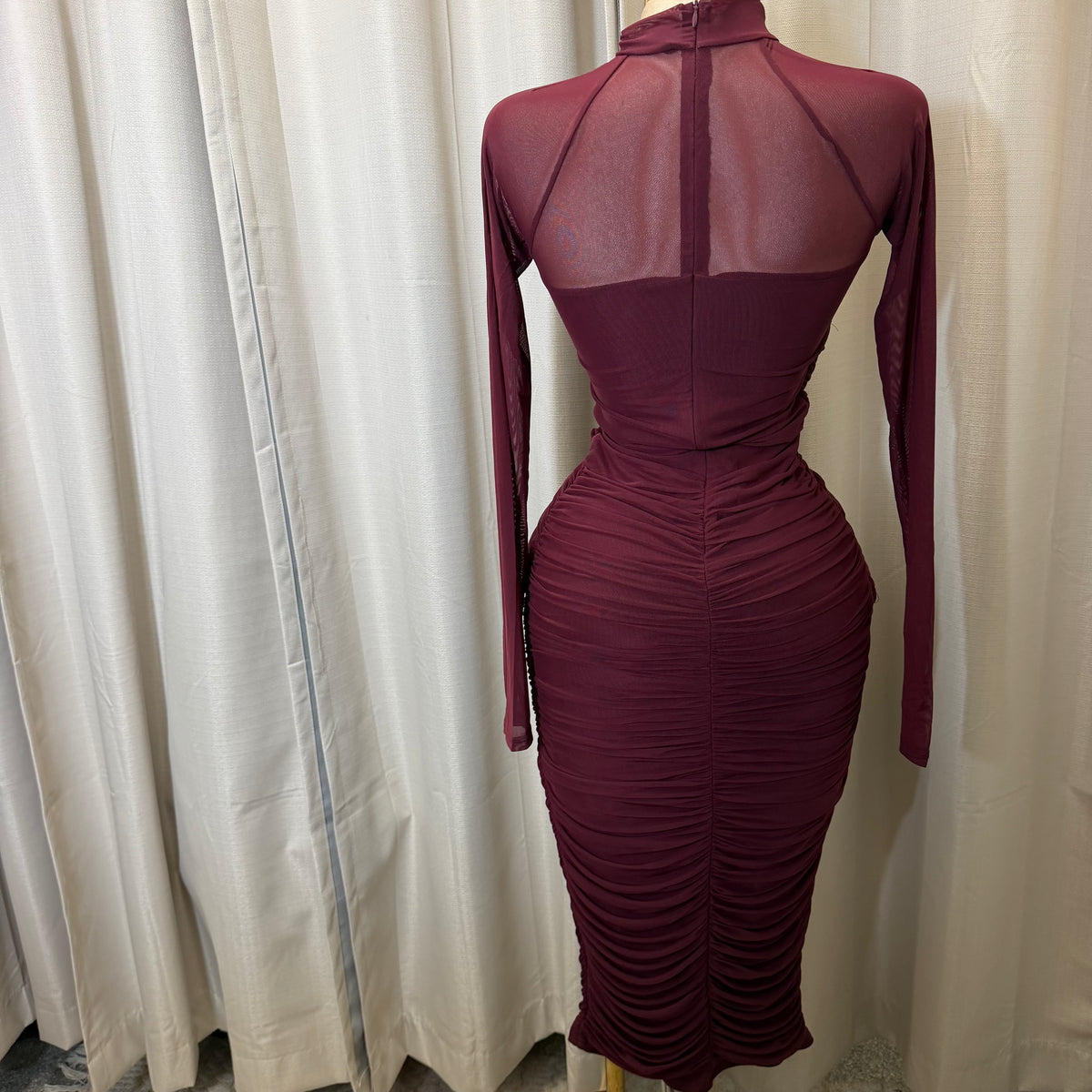 Long sleeve Mesh  Dress-Burgundy