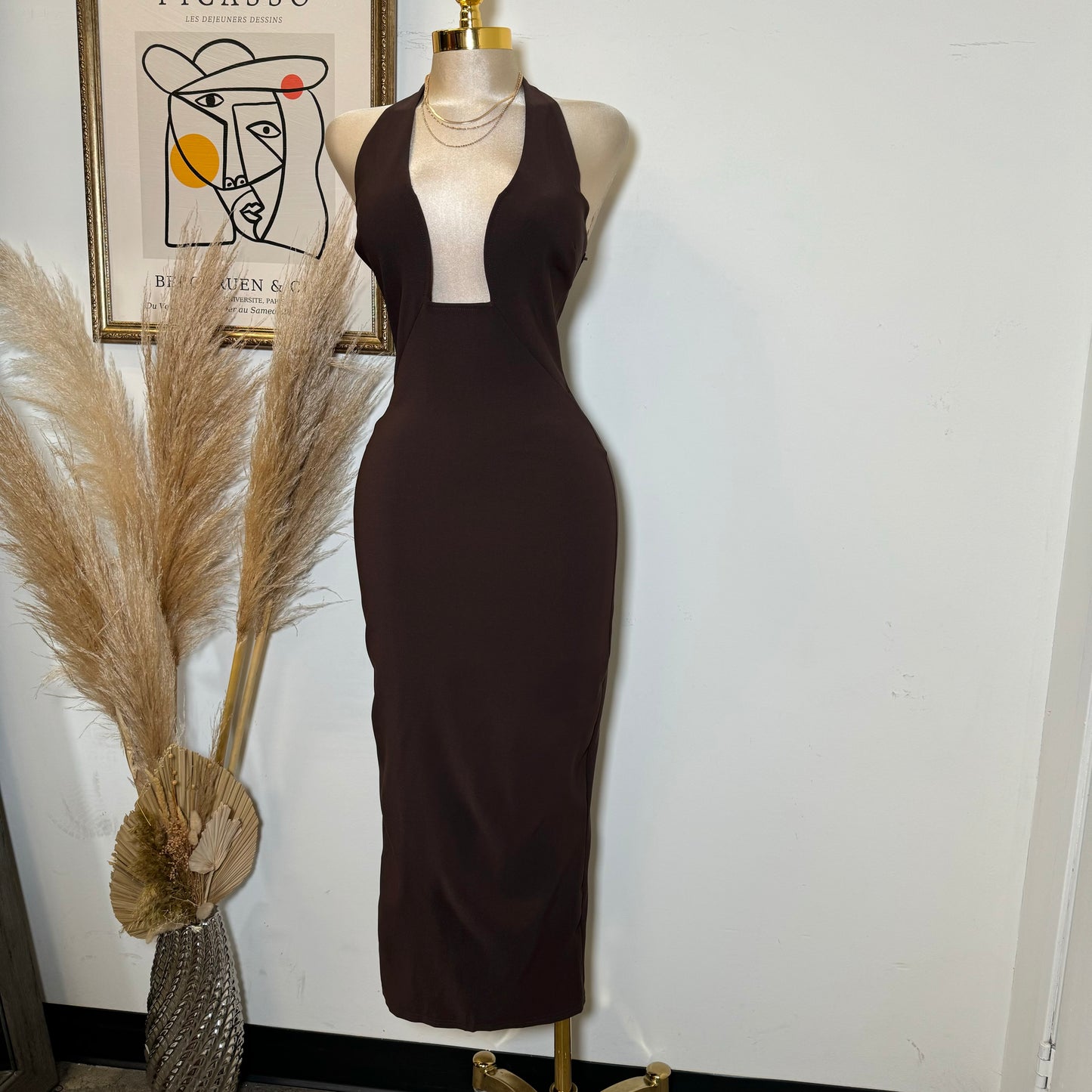 Fine Stretch Woven Halter Neck Fitted  Midi Dress-Brown