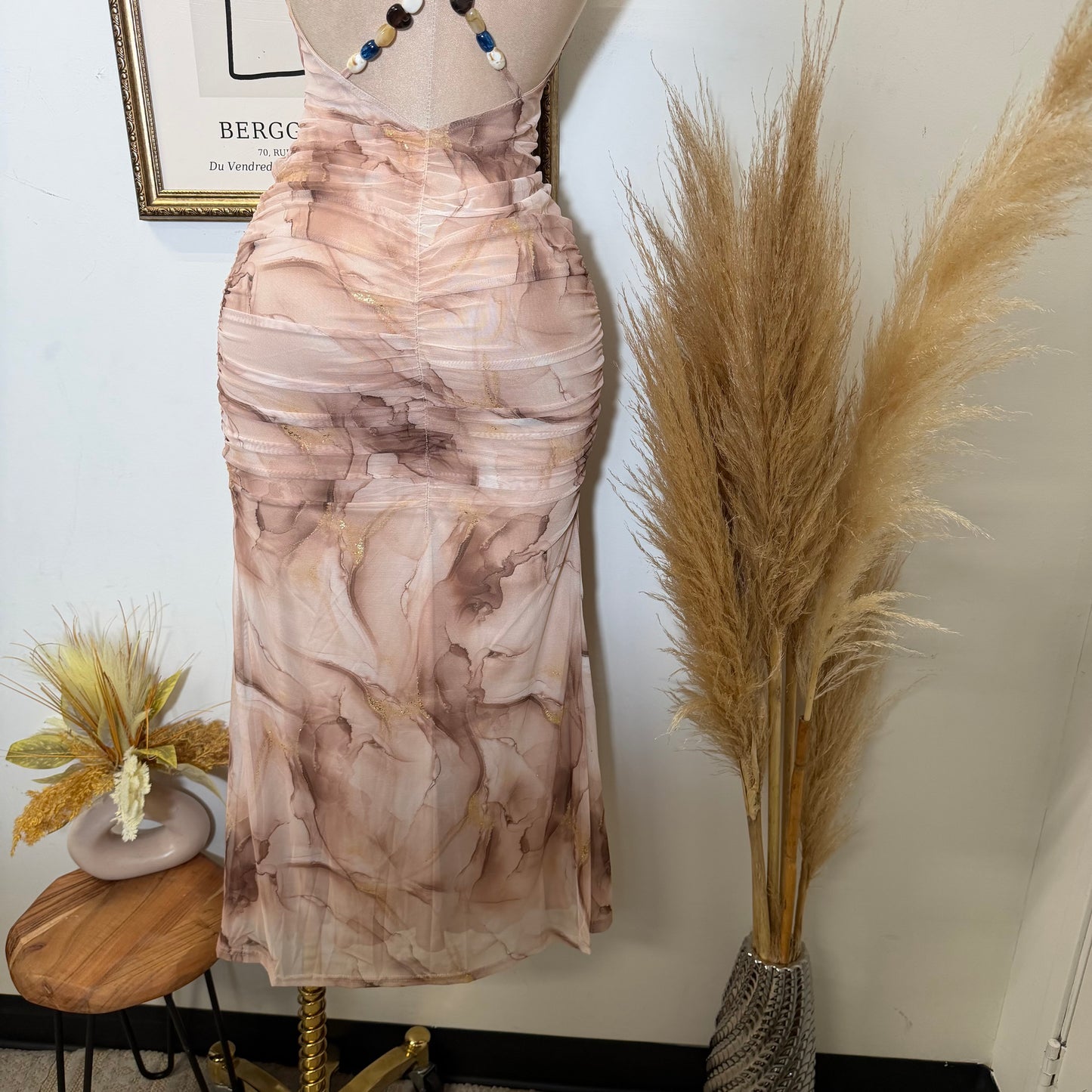 Metallic Mesh Print Maxi Dress with Front Sash-Cappuccino