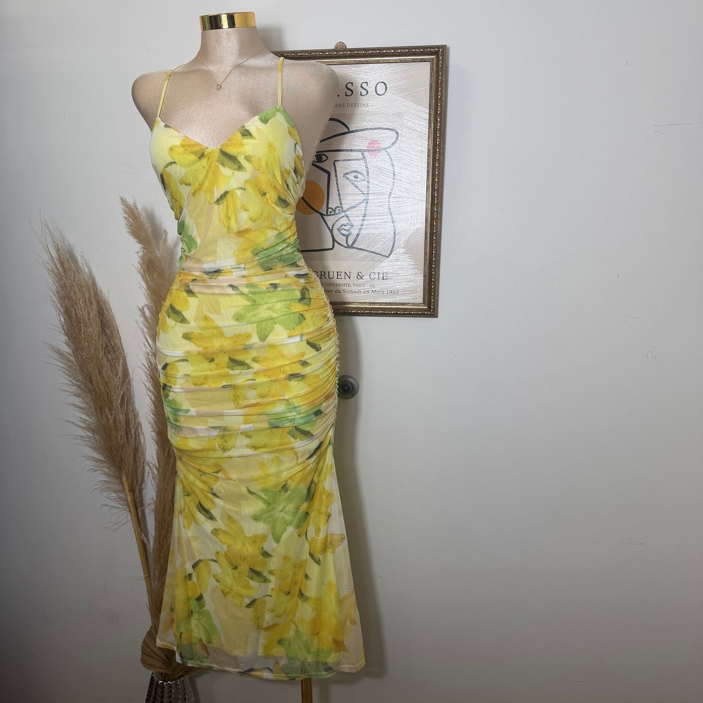 Mesh Print Midi Dress-Lemon
