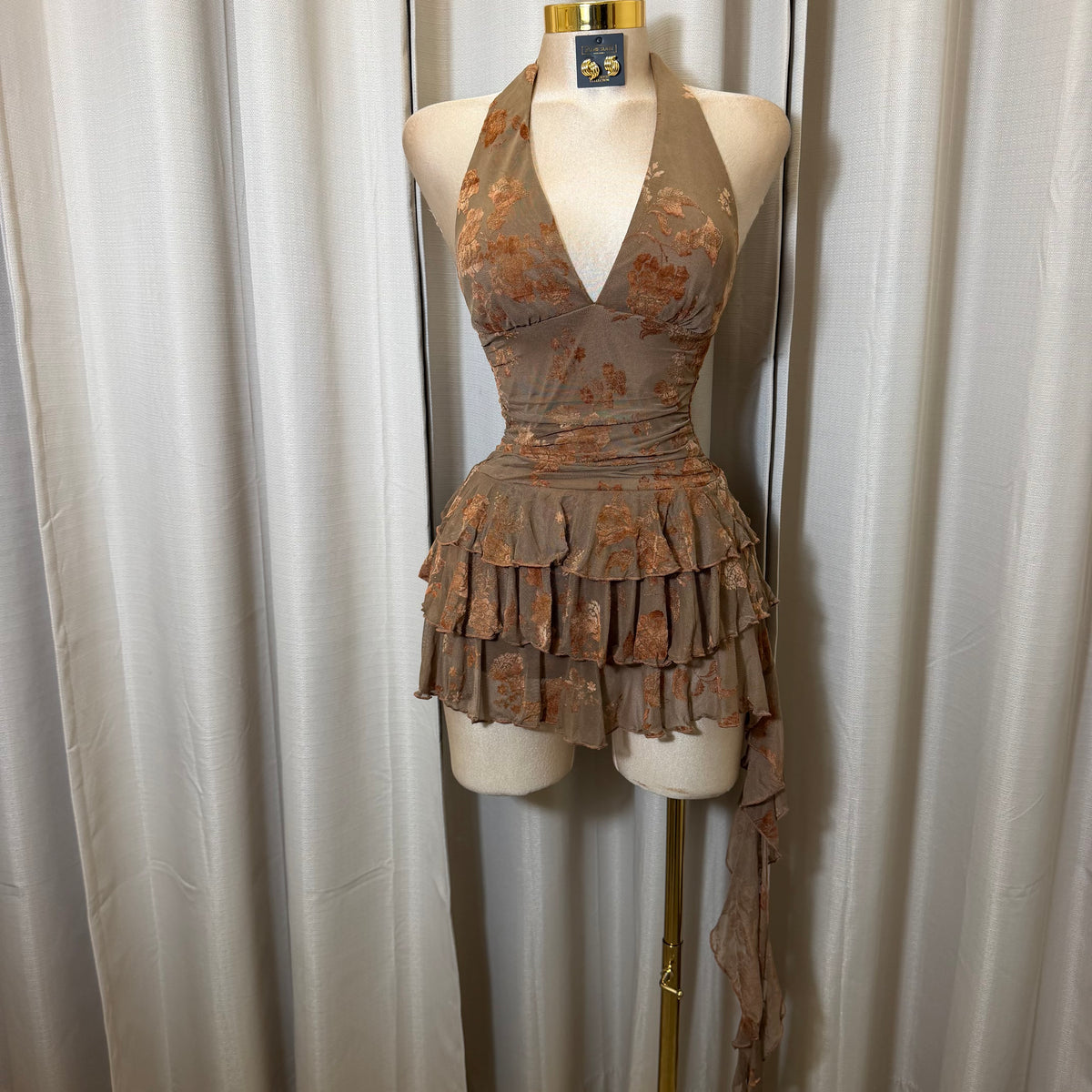 Floral Halter Double Layer Ruffle Mini Dress-Brown
