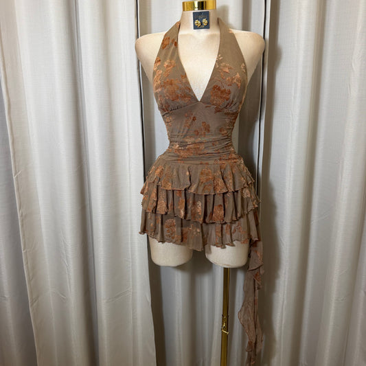 Floral Halter Double Layer Ruffle Mini Dress-Brown