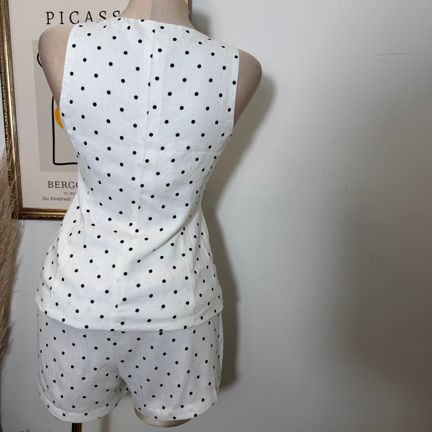 Polka Dot Linen Top w/ Gold Buttons shorts set-White