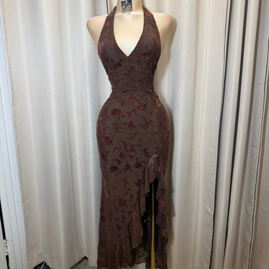 Halter Lace Detail Floral Dress-Brown