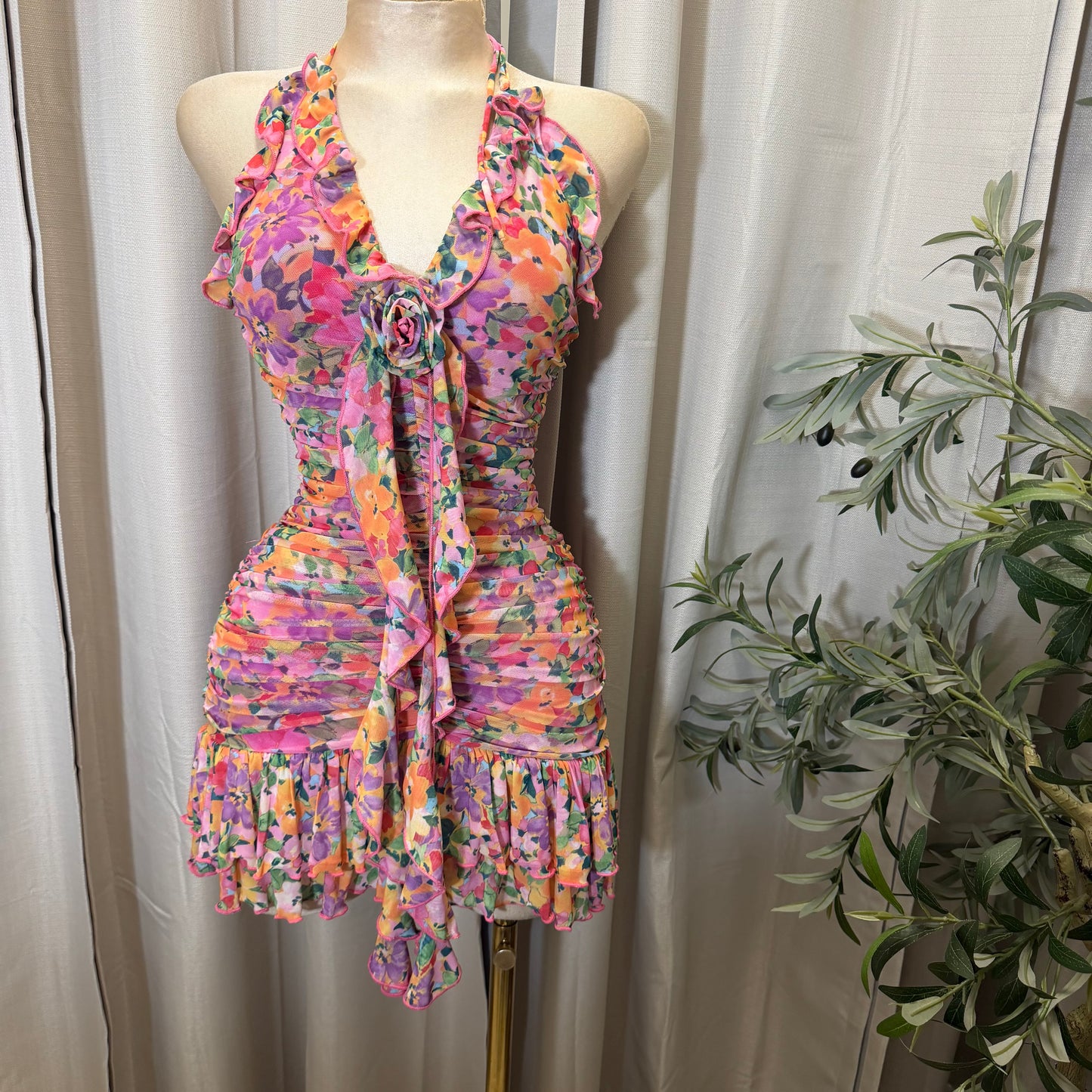 Flower Print Mesh Mini Dress-Pink