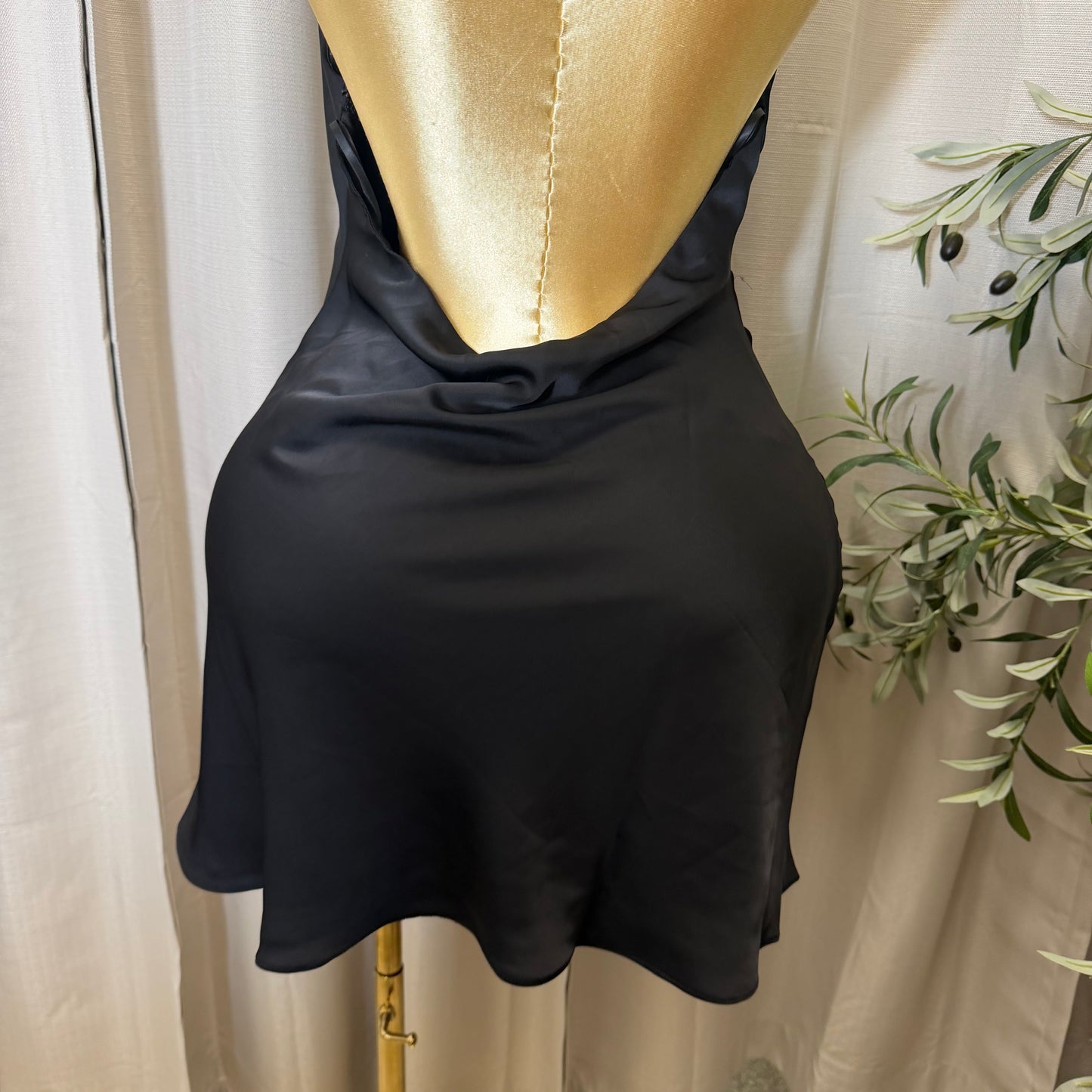 Satin Cowl Halter Neck Dress-Black