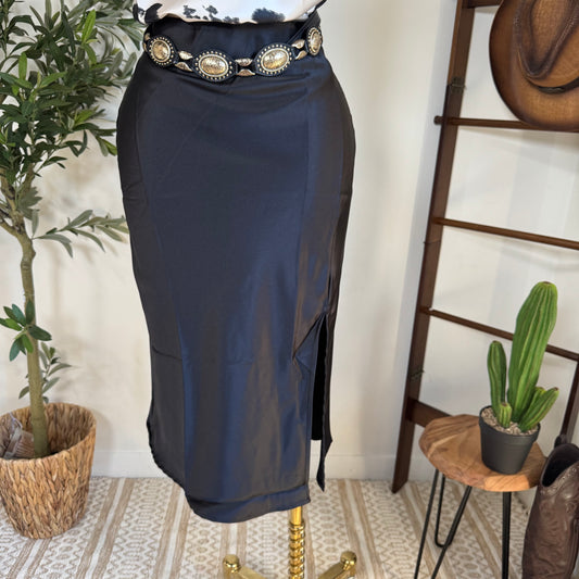 Satin Midi Skirt-Black