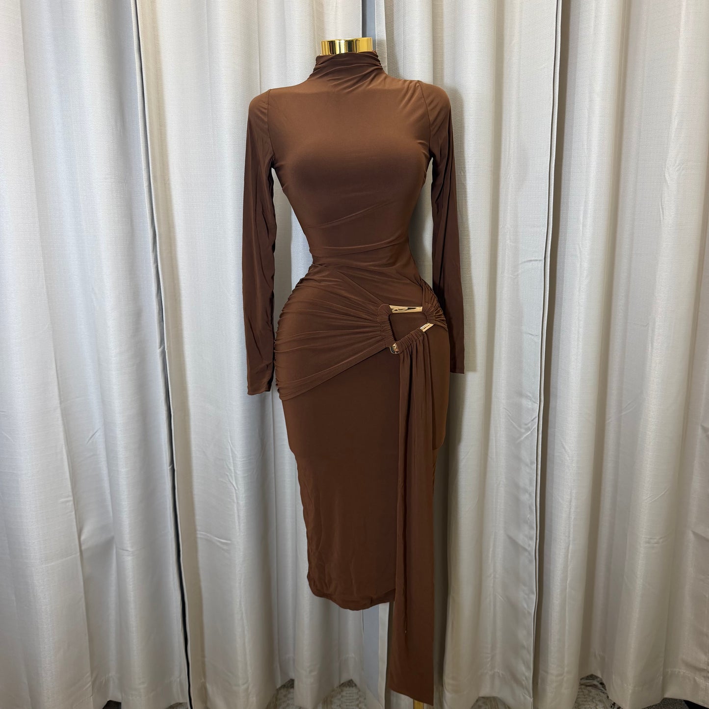 Long sleeve  Solid Double Layer Front Sash Midi Dress-Brown