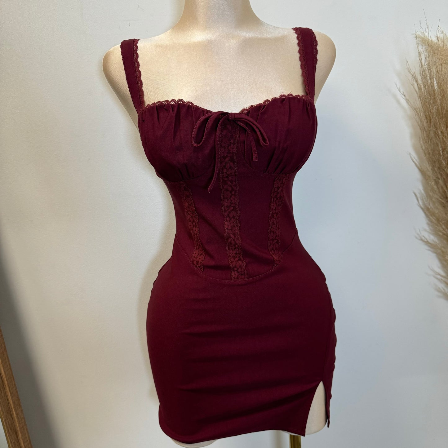 Hera Lace Trim Mini Dress-Burgundy