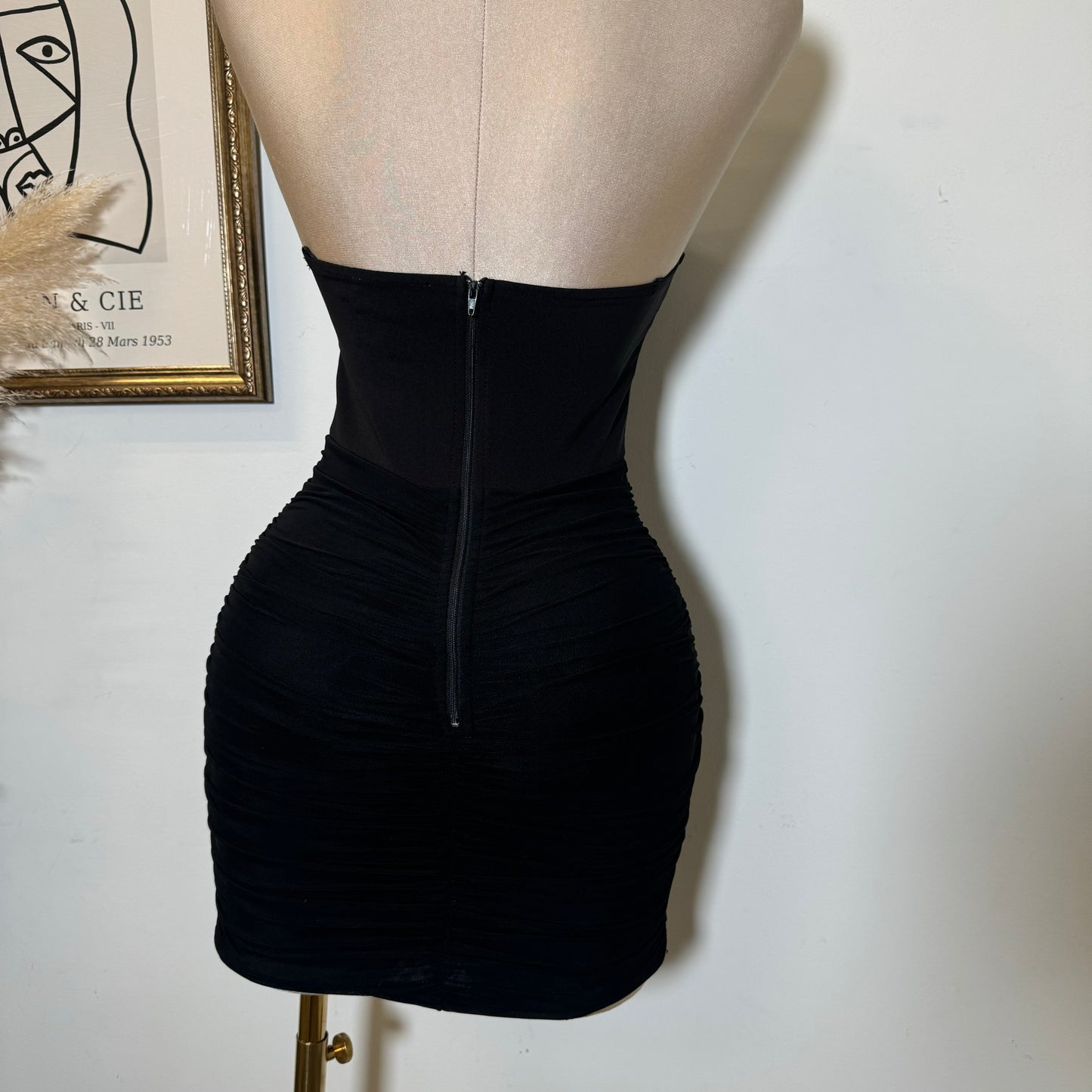 Stretch Woven Corset Detail Mesh Ruched Mini Tube Dress-Black