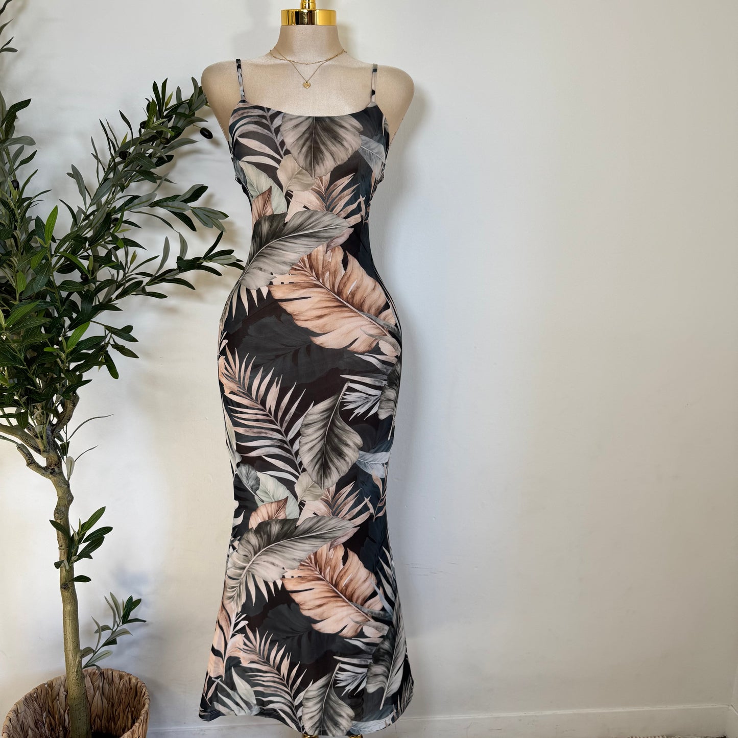 Palm Print Maxi Mermaid Dress-Green