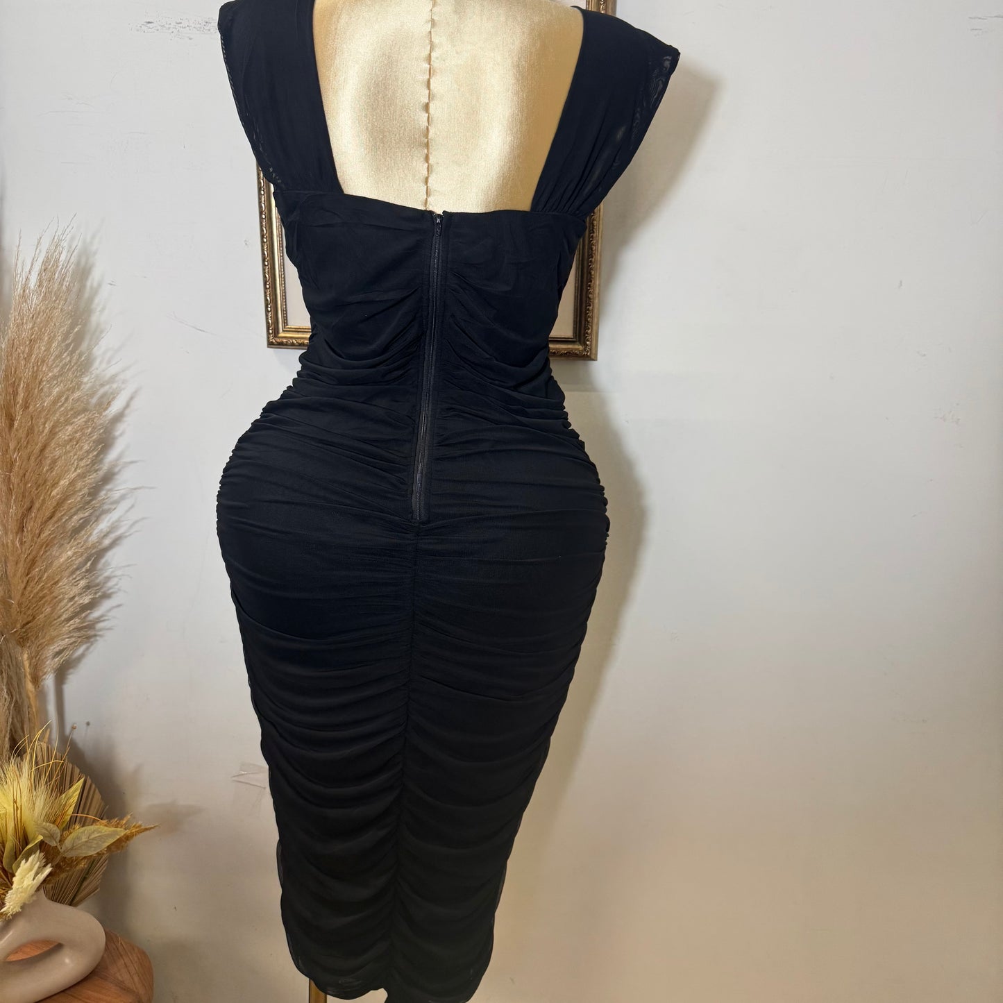 PL Sleeveless Square Neck Ruched Mesh Dress-Black