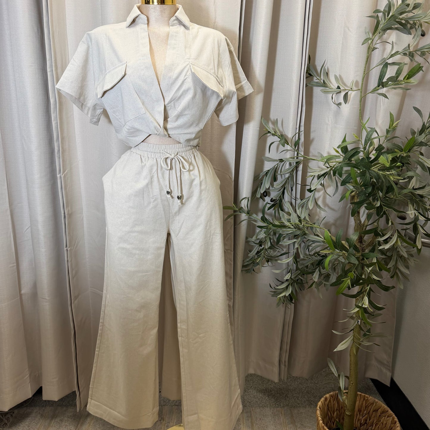 Front twist Top and wide leg pant Set-Beige