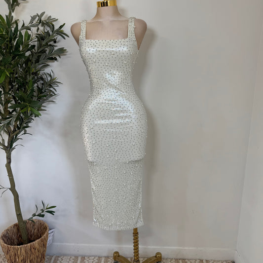 Rhinestone and Pearl beaded Midi Dress-White