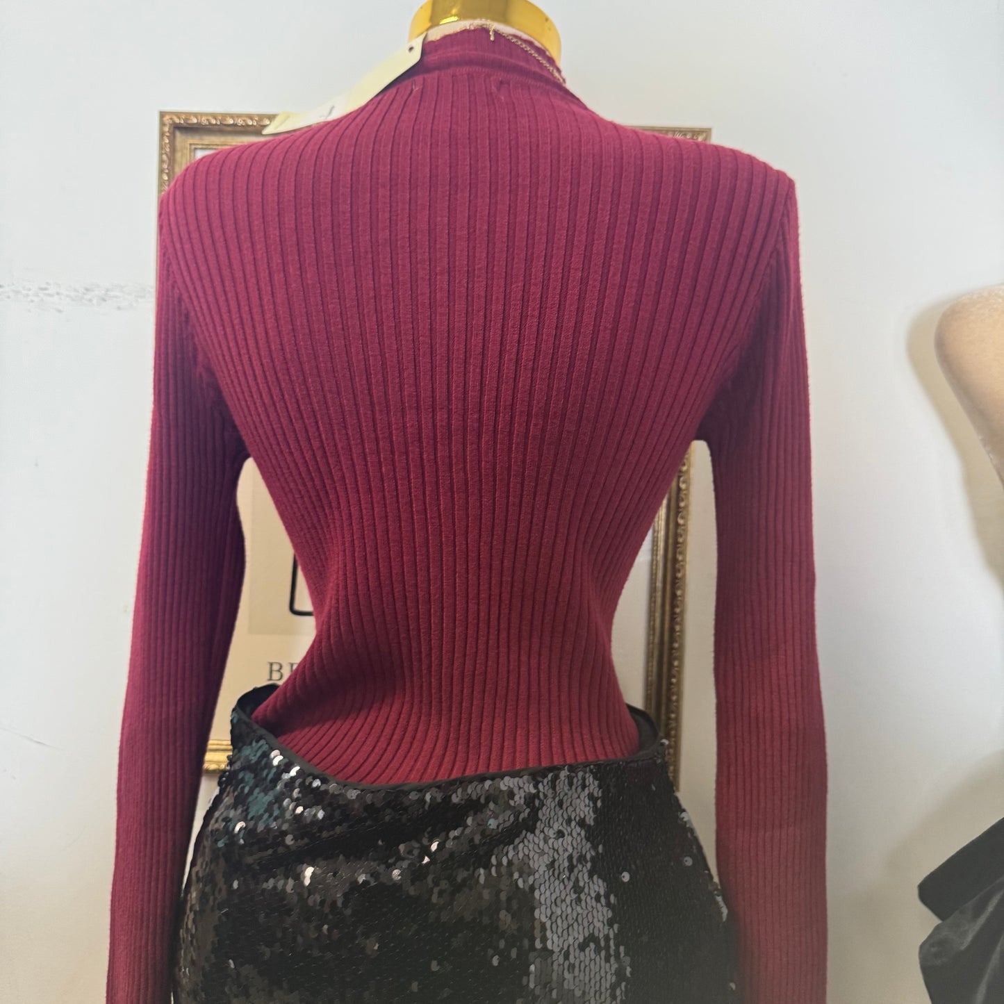 Ribbed Mock Neck Long sleeve-Burgundy
