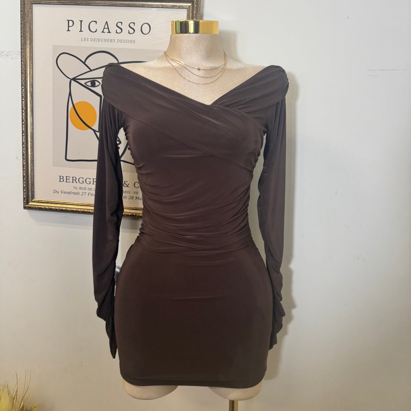 Long Sleeve Off Shoulder Ruched Mini Dress-Brown